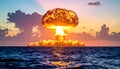 Massive Nuclear Explosion Mushroom Cloud Over the Ocean at Sunset atomic bomb blast Royalty Free Stock Photo