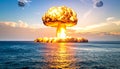 Massive nuclear mushroom cloud explosion over the ocean at sunset with two small mushroom clouds Royalty Free Stock Photo