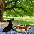 Black Chiweenie resting on a blanket under a giant oak tree with a rustic picnic spread and a gently flowing river nearby Royalty Free Stock Photo