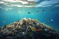 Massive Ocean Trash Pollution, A Vast Amount of Floating Debris Endangering Marine Life, Underwater view of a pile of garbage in Royalty Free Stock Photo