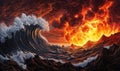 A massive ocean wave clashes spectacularly with a fiery explosion under a dramatic, cloud-filled sky. Royalty Free Stock Photo