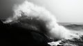 Massive ocean wave crashing against dark, jagged rocks
