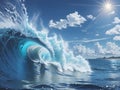 Massive Ocean Wave Curling Against Blue Sky