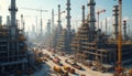 Massive oil refinery under construction with cranes, trucks, and workers. Extensive industrial complex rises against a bright Royalty Free Stock Photo