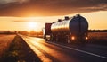 massive oil tanker traveling on highways bathed in warm sunlight