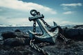 Massive Old ship anchor on blue marine background. Generate ai Royalty Free Stock Photo