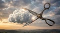 A massive pair of old, rusty scissors dramatically cuts a fluffy white cloud, revealing a bright light in a conceptual sky over a Royalty Free Stock Photo