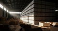 Massive Pallet Stacks in Dark Warehouse Royalty Free Stock Photo