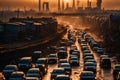 massive people jam escaping city, fire, explosion, apocalyptical scene, dystopian illustration