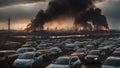 massive people jam escaping city, fire, explosion, apocalyptical scene, dystopian illustration