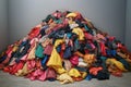 Massive pile of colorful clothes. Trendy garments overflow storage space. Fast fashion, consumerism visually represented.