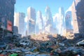 Massive pile of garbage contrasting with beautiful skyscrapers of a modern city, symbolizing urban waste issues. Generative AI