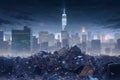 Massive pile of waste against a brightly lit modern city center at night, a concept of urban pollution. Generative AI illustration