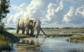 A massive prehistoric Gomphotherium wades through a tranquil marshland, its powerful form reflected in the still waters Royalty Free Stock Photo
