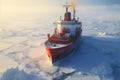 A massive red and white boat making its way across a frozen lake, Icebreaker ship making its way through the frozen Arctic Ocean, Royalty Free Stock Photo