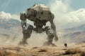 A massive robot stands in the center of a vast desert, dominating the landscape with its imposing presence, A soldier robot in the