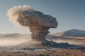 massive rock formation stands alone against warm neutral backdrop of sandy terrain. Surrounding dust softly ripples Royalty Free Stock Photo