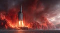 Powerful Rocket Launch, Space Exploration Engine Ignition, Fiery Exhaust Plumes and Dramatic Sky Royalty Free Stock Photo