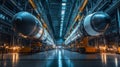 Massive rockets prepared for launch inside a high-tech assembly facility at night Royalty Free Stock Photo