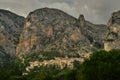 Massive rocks above small Provencal town Moustiers-Sainte-Marie