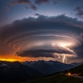 With a massive rotating cloud structure possibly over a mountainous Royalty Free Stock Photo