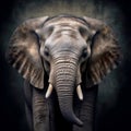 A massive savannah elephant close-up on a black background. Generative AI