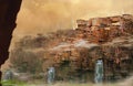 Massive sci-fi city built into a wall with waterfalls coming out of a massive fortress - fantasy 3d illustration