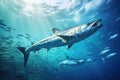 A massive shark swims effortlessly through a swirling mass of fish, dominating the underwater scene., School of Barracuda swimming