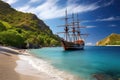 A massive ship gently floats on the surface of a calm body of water, Wooden tall ship sailing in a Caribbean island bay, AI Royalty Free Stock Photo
