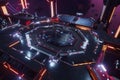 A massive space station featuring an intricate hexagonal docking system. The glowing landing pads,
