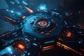 A massive space station featuring an intricate hexagonal docking system. The glowing landing pads,