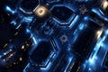 A massive space station featuring an intricate hexagonal docking system. The glowing landing pads,