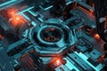 A massive space station featuring an intricate hexagonal docking system. The glowing landing pads,