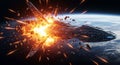 Massive Spaceship Exploding in Orbit Above Earth with Debris Flying Outward spacecraft explosion Royalty Free Stock Photo