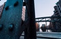 Massive steel construction of Poggenmoehlenbruecke bridge near the Wasserschloss Hamburg Hafencity