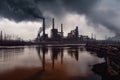 massive steel mill dominating a gloomy, polluted landscape with smokestacks releasing dark clouds and a rusty river running nearby