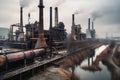 massive steel mill dominating a gloomy, polluted landscape with smokestacks releasing dark clouds and a rusty river running nearby