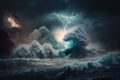 massive storm brewing in the ocean, with towering waves and lightning Royalty Free Stock Photo