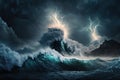 massive storm brewing in the ocean, with towering waves and lightning Royalty Free Stock Photo
