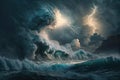 massive storm brewing in the ocean, with towering waves and lightning Royalty Free Stock Photo