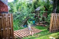 Fallen tree - wind damage to treehouse Royalty Free Stock Photo