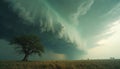 Massive storm clouds gather over grassland with isolated trees. Heavy rain falls from dramatic shelf cloud formation. Intense Royalty Free Stock Photo