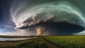 A massive supercell with lightning over a green field and a road leading towards the approaching storm