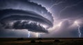 Dramatic Supercell Storm with Powerful Lightning Strikes over a Flat Field at Night Royalty Free Stock Photo