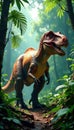Massive Tarbosaurus stalks through dense prehistoric jungle , wildlife, reptile Royalty Free Stock Photo