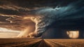 Massive tornado supercell over field at sunset, dramatic lightning strike and storm clouds, natural disaster concept Royalty Free Stock Photo