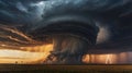 Massive tornado supercell over field at sunset, dramatic lightning strike and storm clouds, natural disaster concept Royalty Free Stock Photo