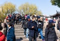 Massive tourists in face masks crossing Puhuitang or Tang Bridge n Qibao Old Town