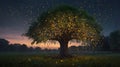 view of massive tree with glowing leaves, surrounded by tiny floating fireflies in a twilight setting