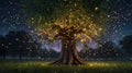 view of massive tree with glowing leaves, surrounded by tiny floating fireflies in a twilight setting